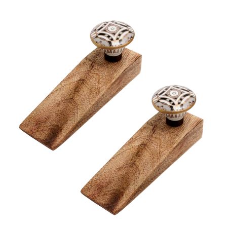 2 Pieces Golden Ceramic Floral Wooden Door Stopper